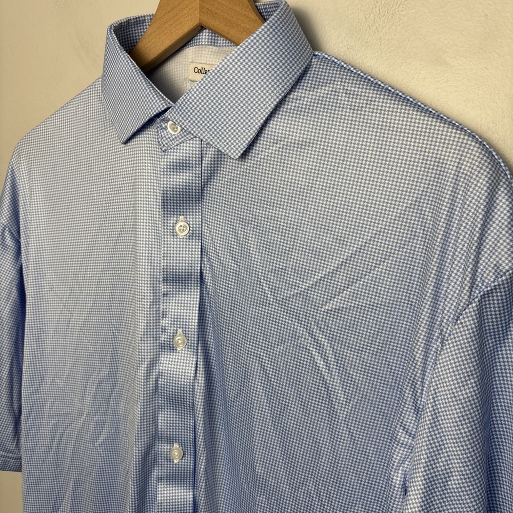 Collars & Co Mens Large Quattro Flex Short Sleeve Button Down Blue Houndstooth